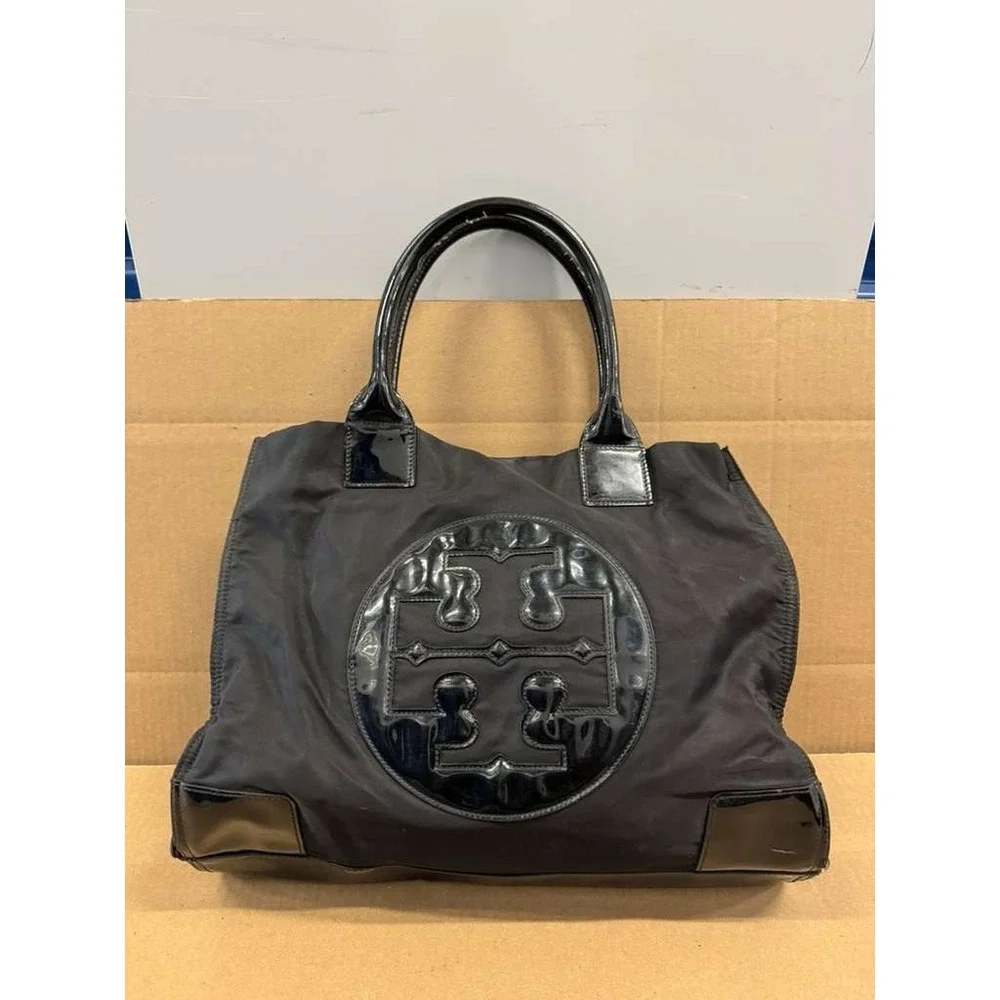 Tory Burch Ella Oversized Logo Patch Recycled Nylon Tote Bag Black Large